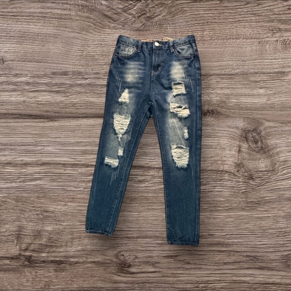 Source Unknown Other - Girls Distressed Ripped Rustic Denim Jeans - Faded Blue Patriotic USA Designer
